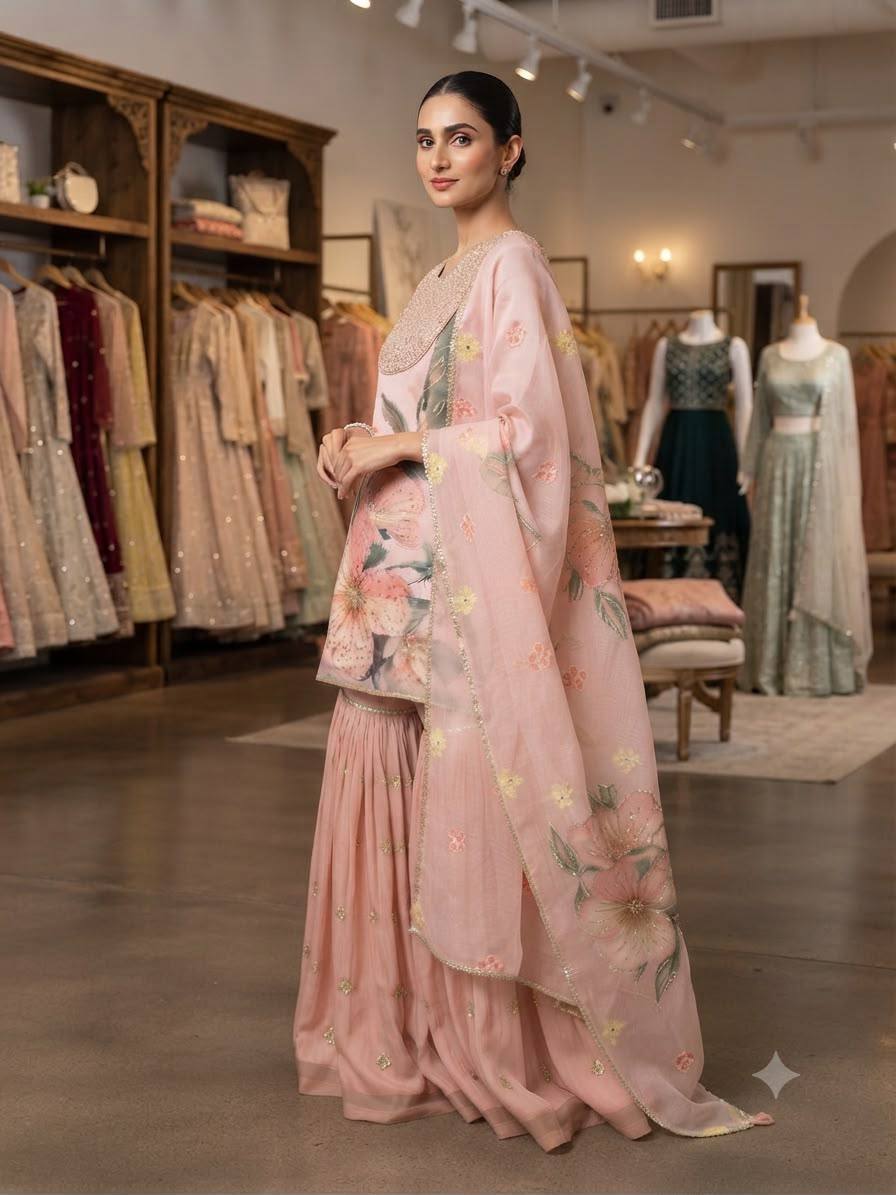 Printed Organza Sequins Embroidered Sharara Suit for Women
