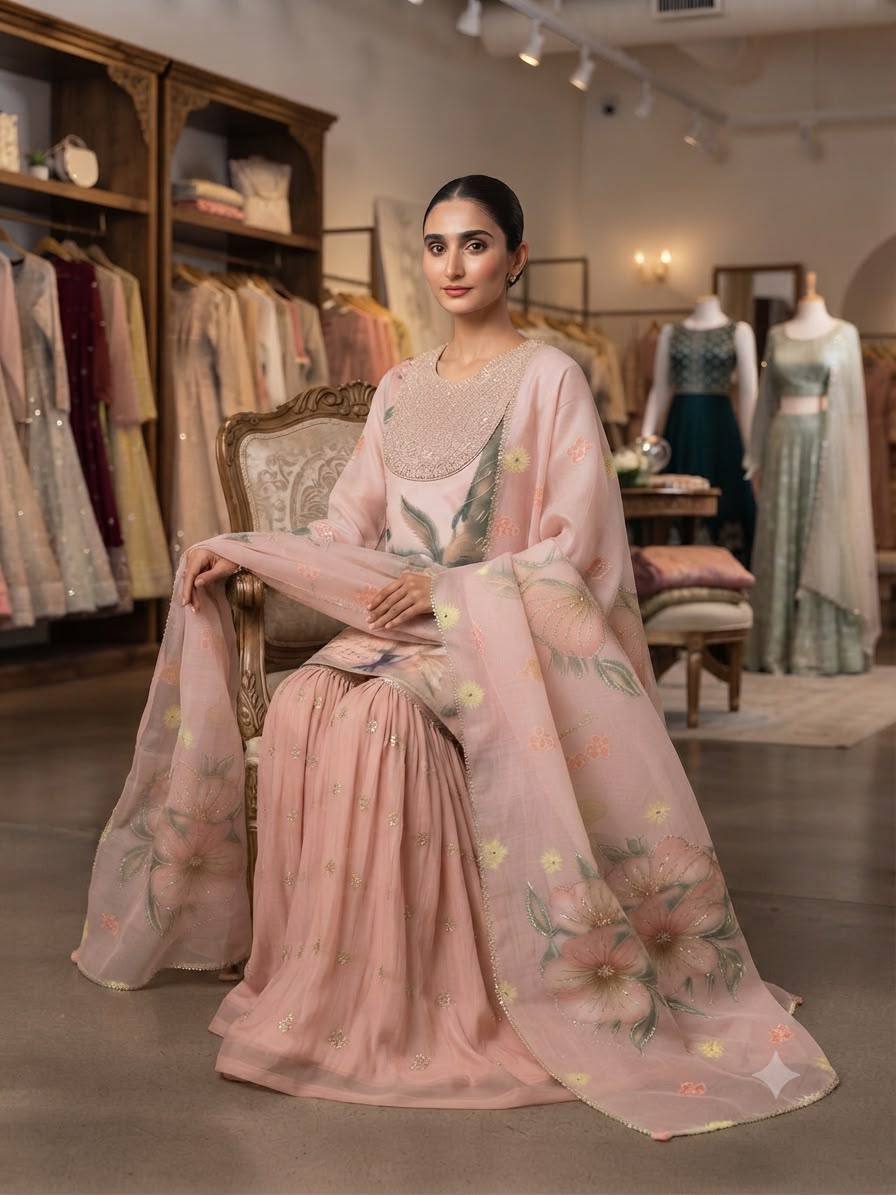 Printed Organza Sequins Embroidered Sharara Suit for Women