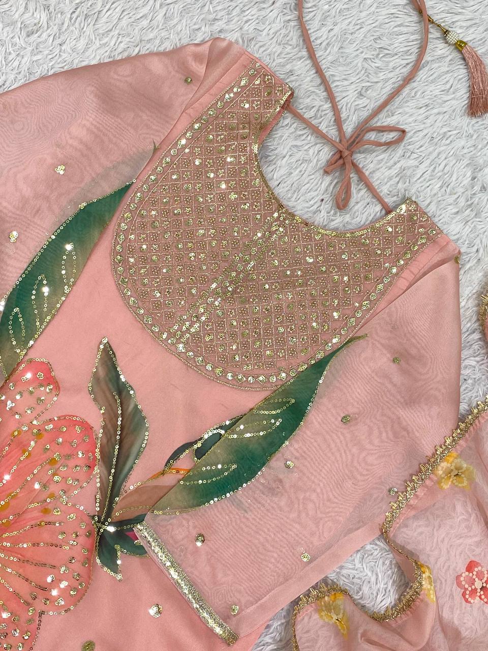 Printed Organza Sequins Embroidered Sharara Suit for Women