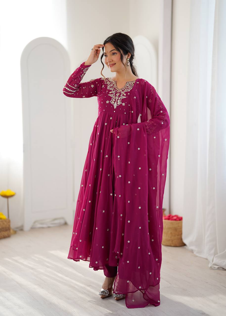 Designer Faux Georgette Embroidered Gown Pant & Dupatta Set