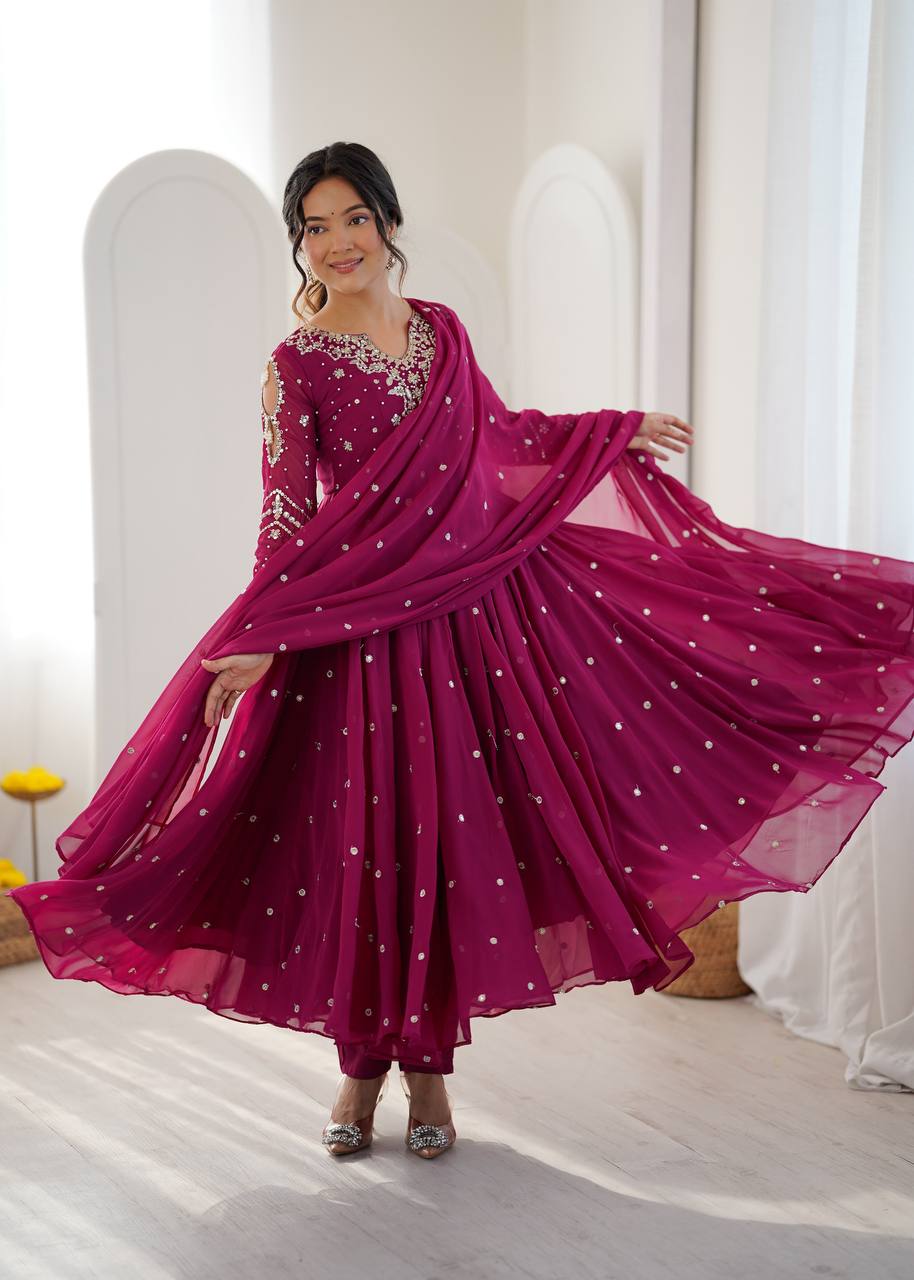 Designer Faux Georgette Embroidered Gown Pant & Dupatta Set