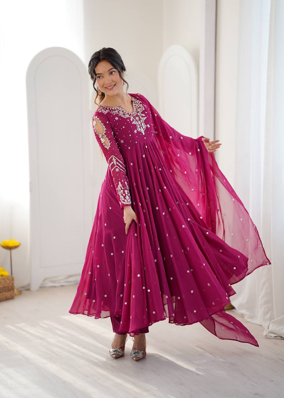 Designer Faux Georgette Embroidered Gown Pant & Dupatta Set