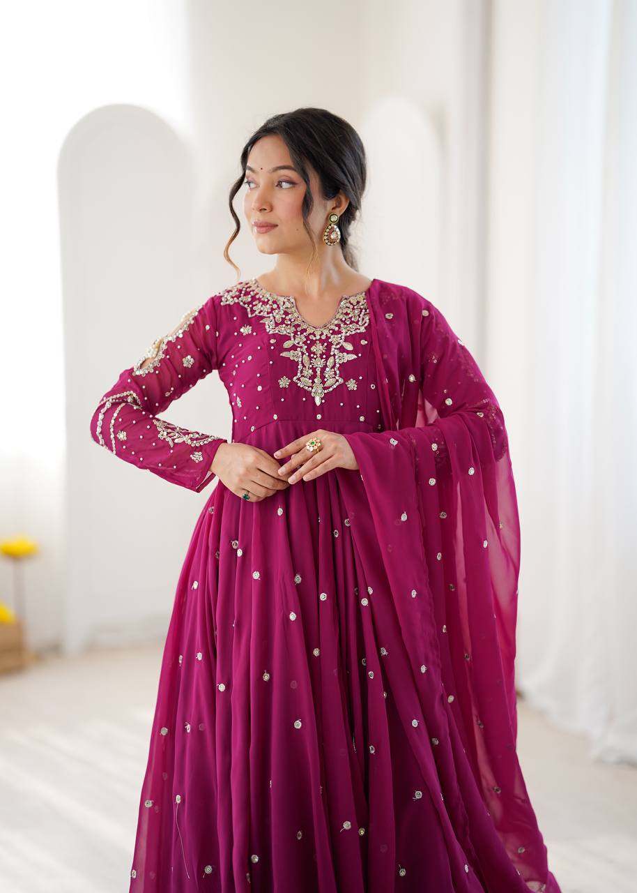 Designer Faux Georgette Embroidered Gown Pant & Dupatta Set
