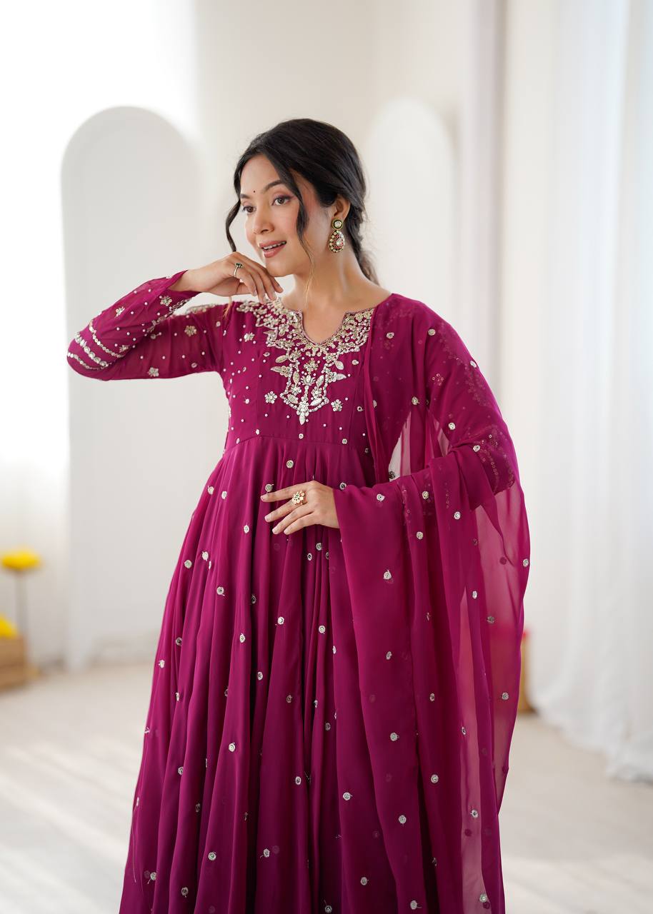 Designer Faux Georgette Embroidered Gown Pant & Dupatta Set
