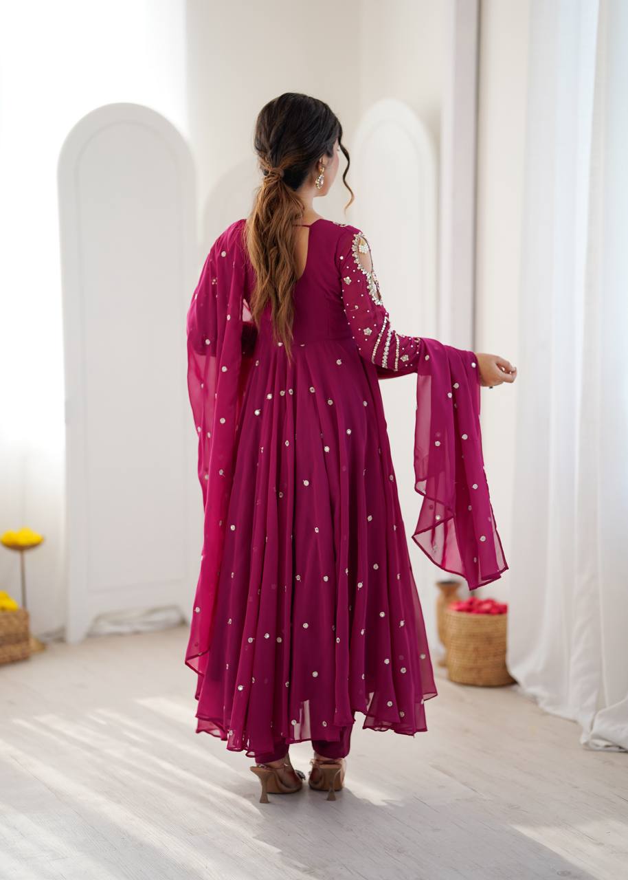 Designer Faux Georgette Embroidered Gown Pant & Dupatta Set
