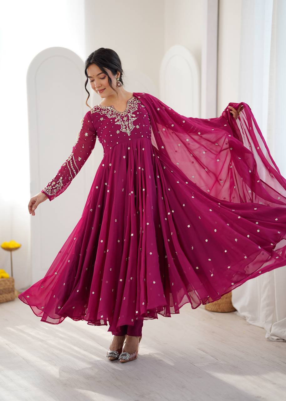 Designer Faux Georgette Embroidered Gown Pant & Dupatta Set