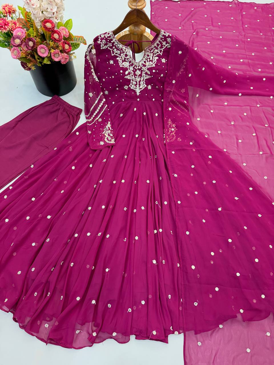 Designer Faux Georgette Embroidered Gown Pant & Dupatta Set