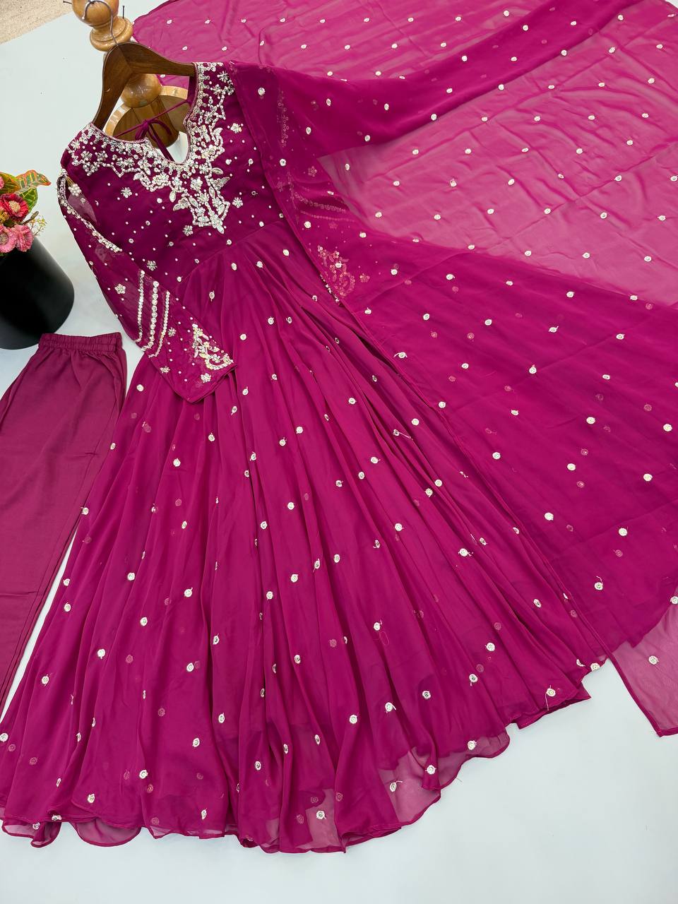 Designer Faux Georgette Embroidered Gown Pant & Dupatta Set