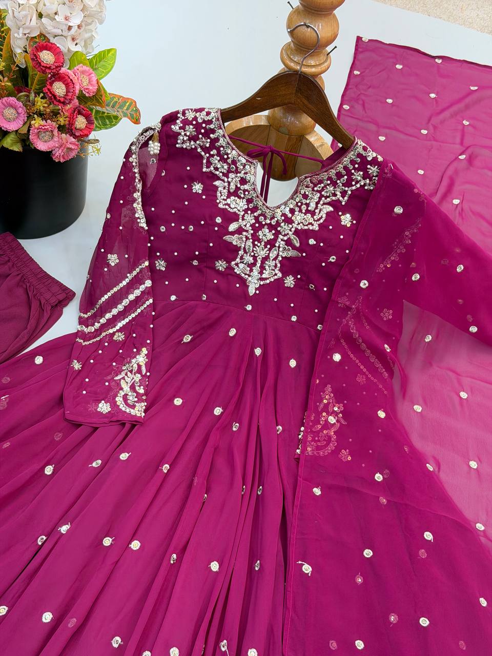 Designer Faux Georgette Embroidered Gown Pant & Dupatta Set