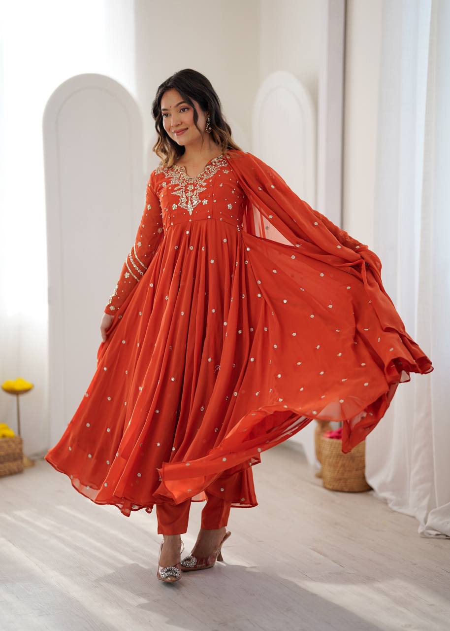 Designer Faux Georgette Embroidered Gown Pant & Dupatta Set