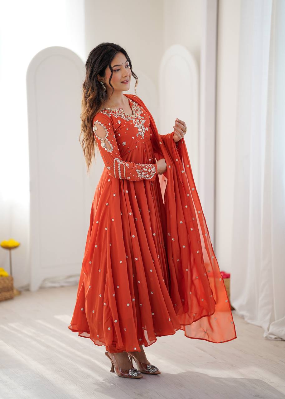 Designer Faux Georgette Embroidered Gown Pant & Dupatta Set