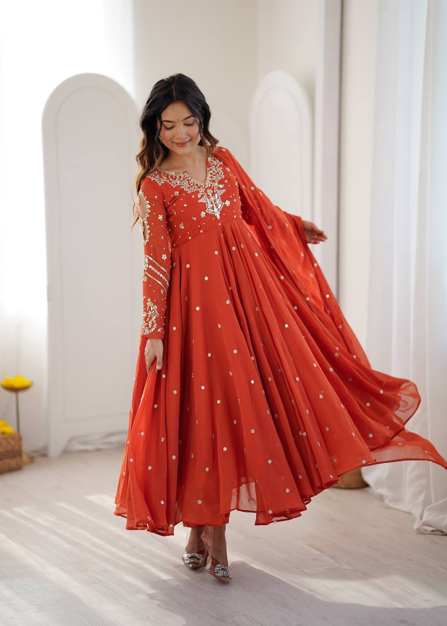 Designer Faux Georgette Embroidered Gown Pant & Dupatta Set