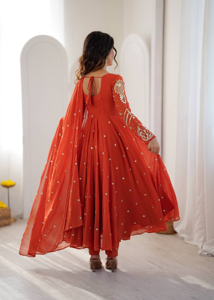 Designer Faux Georgette Embroidered Gown Pant & Dupatta Set