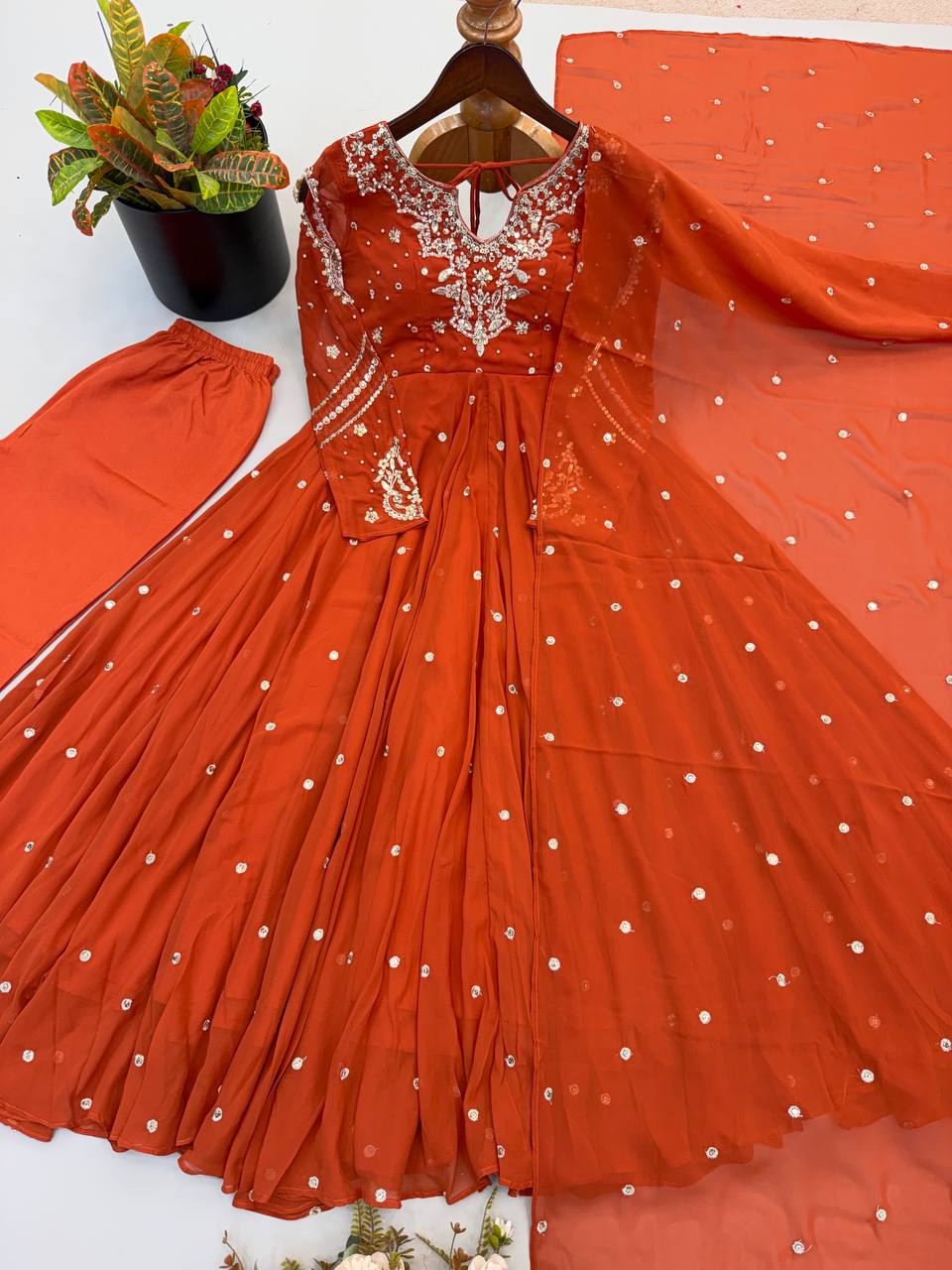 Designer Faux Georgette Embroidered Gown Pant & Dupatta Set