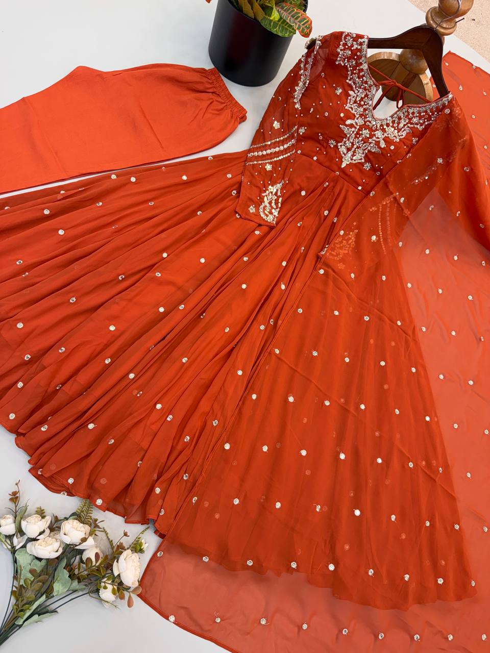 Designer Faux Georgette Embroidered Gown Pant & Dupatta Set