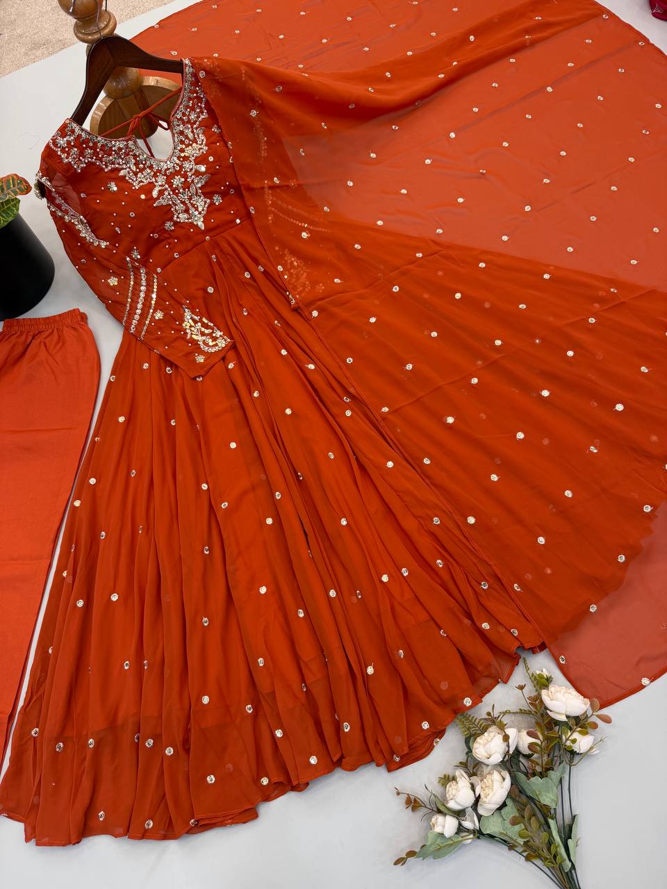Designer Faux Georgette Embroidered Gown Pant & Dupatta Set