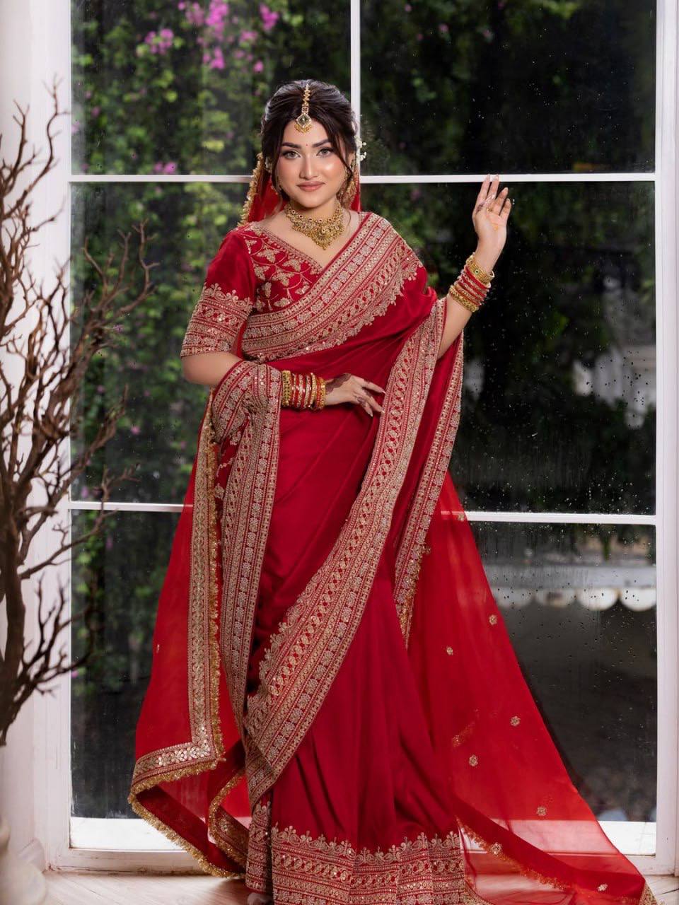 Premium Japan Satin Thread Coding Sequins Saree with Designer Dupatta