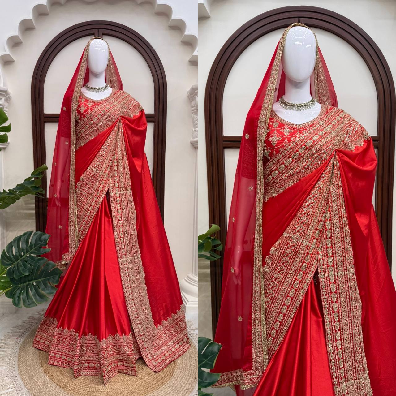 Premium Japan Satin Thread Coding Sequins Saree with Designer Dupatta