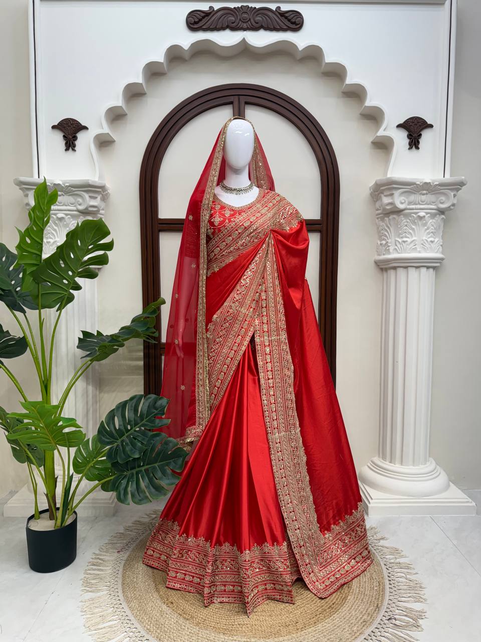 Premium Japan Satin Thread Coding Sequins Saree with Designer Dupatta