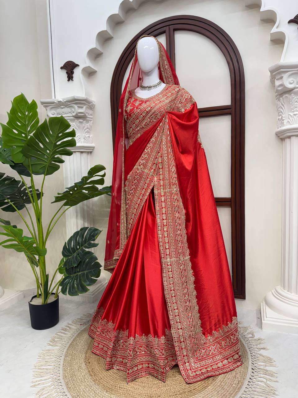 Premium Japan Satin Thread Coding Sequins Saree with Designer Dupatta