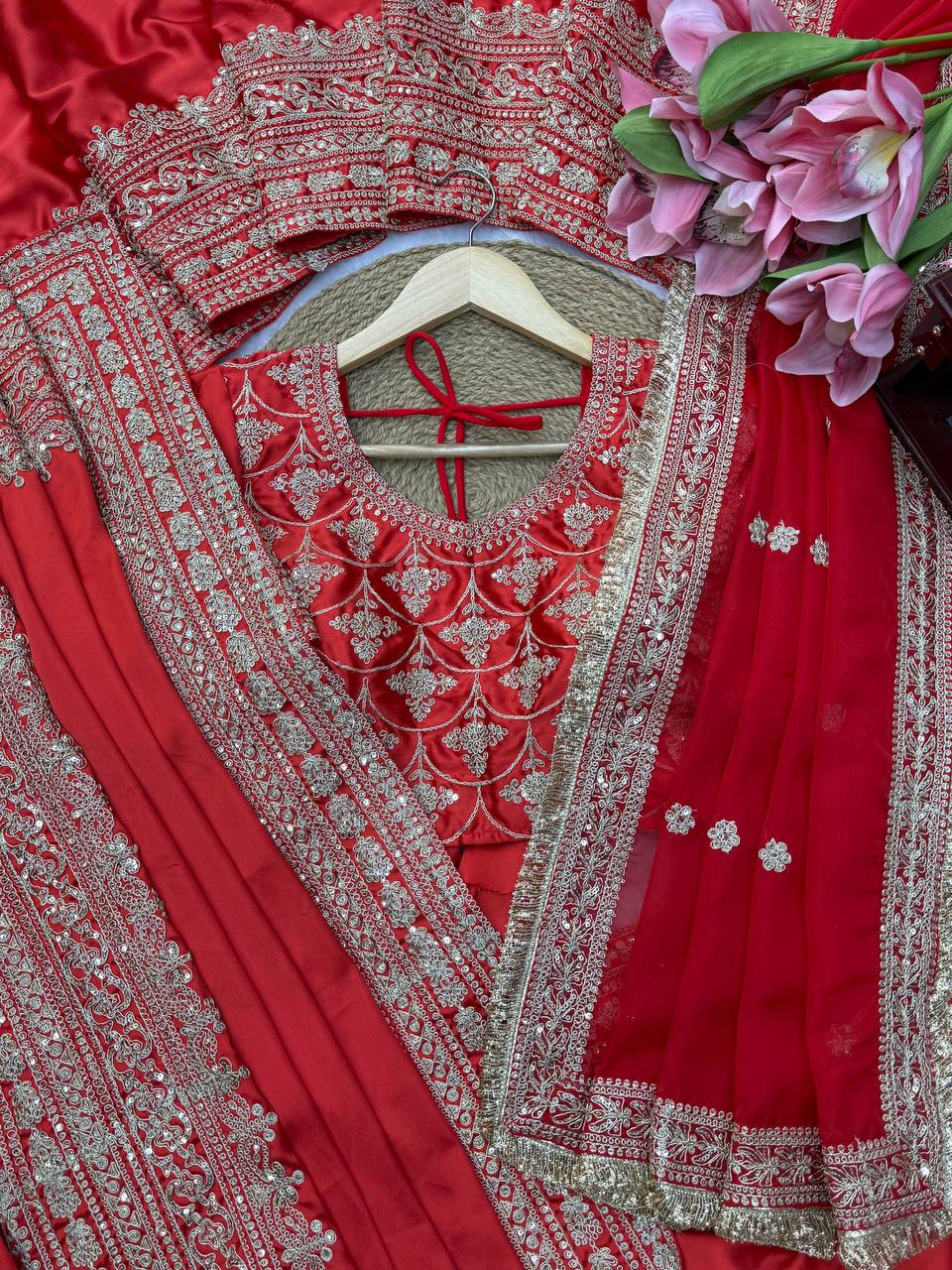 Premium Japan Satin Thread Coding Sequins Saree with Designer Dupatta
