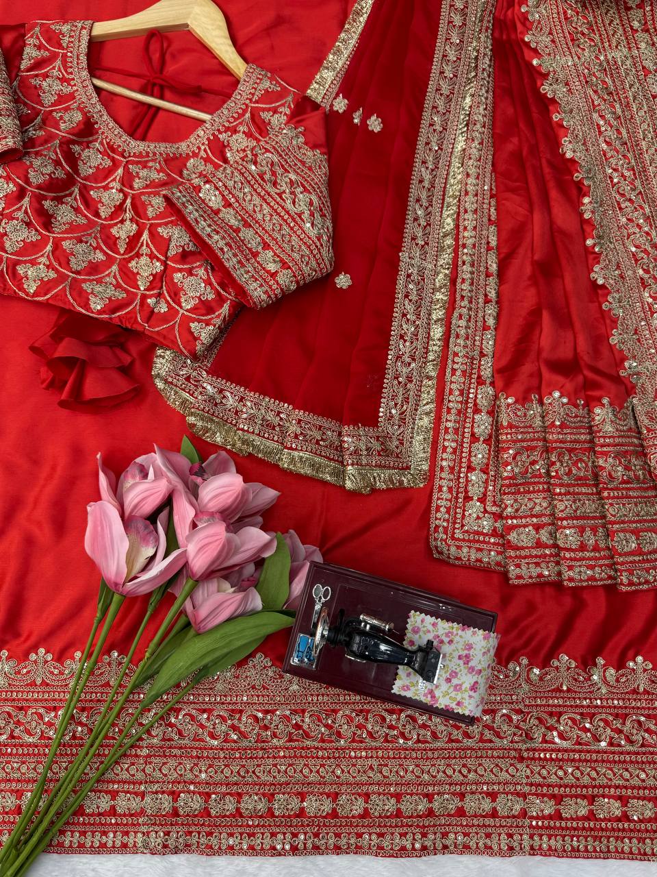 Premium Japan Satin Thread Coding Sequins Saree with Designer Dupatta