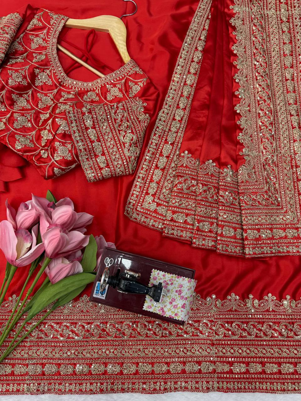 Premium Japan Satin Thread Coding Sequins Saree with Designer Dupatta