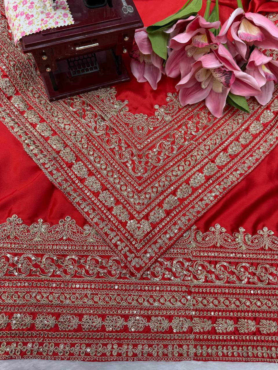 Premium Japan Satin Thread Coding Sequins Saree with Designer Dupatta