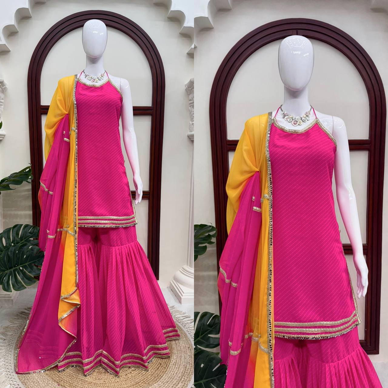 Designer Faux Georgette Sharara Set with Mirror & Fancy Lace Work