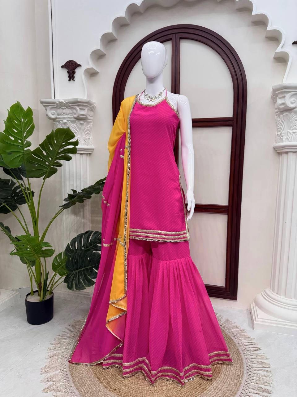 Designer Faux Georgette Sharara Set with Mirror & Fancy Lace Work