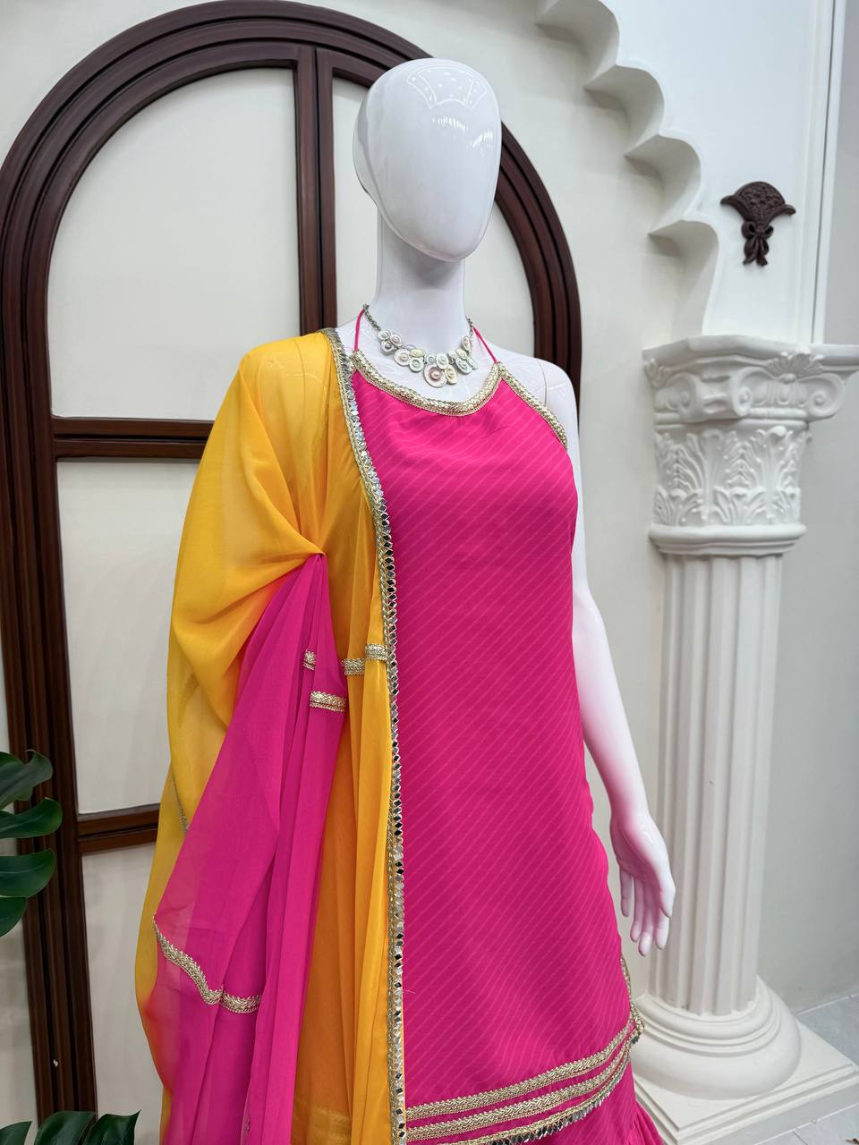 Designer Faux Georgette Sharara Set with Mirror & Fancy Lace Work