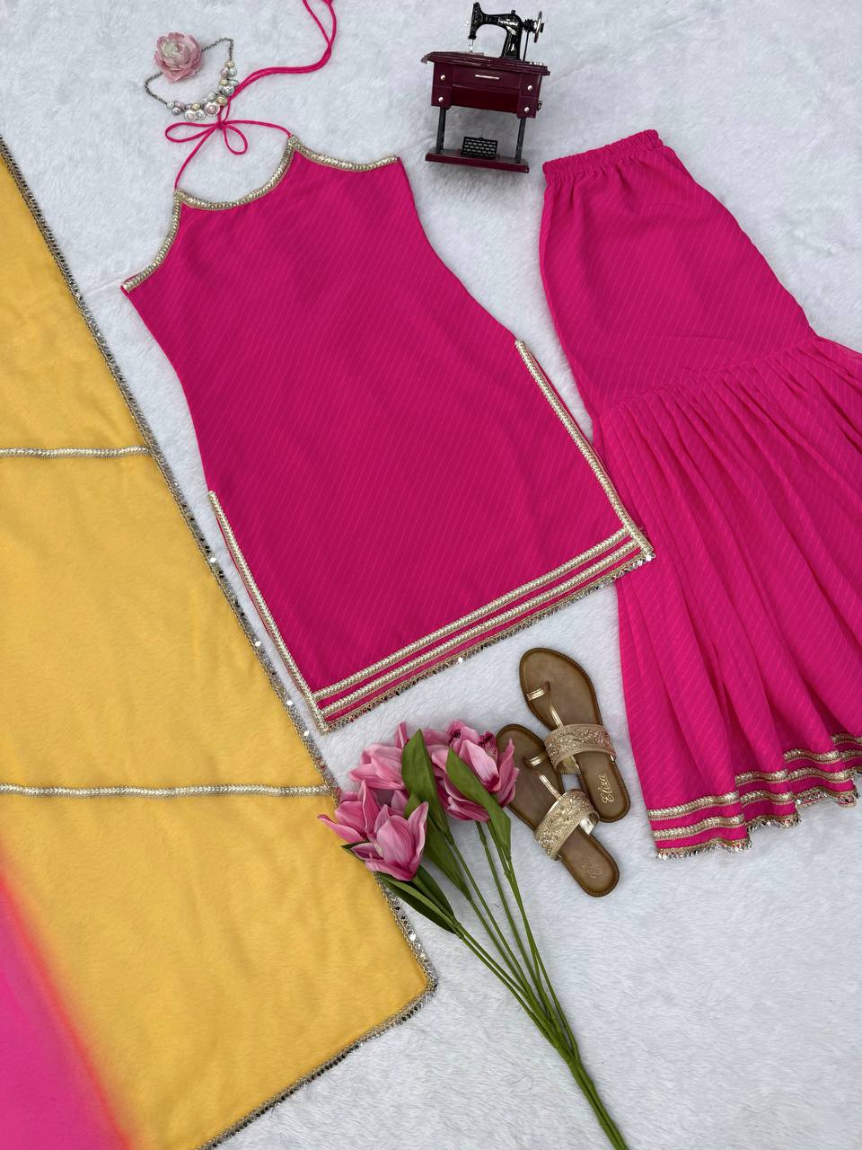 Designer Faux Georgette Sharara Set with Mirror & Fancy Lace Work