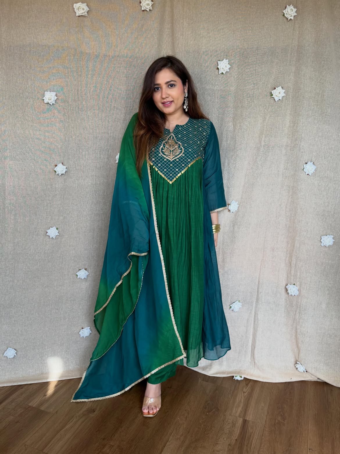 Pure Mal Chanderi 2-Tone Anarkali Set with Handwork