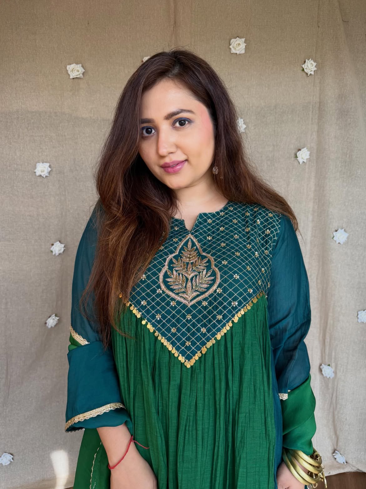 Pure Mal Chanderi 2-Tone Anarkali Set with Handwork
