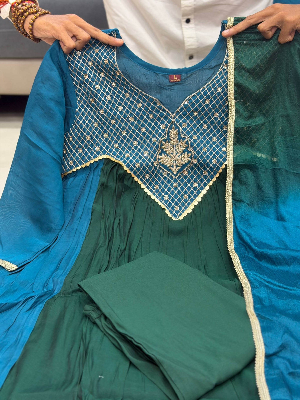 Pure Mal Chanderi 2-Tone Anarkali Set with Handwork