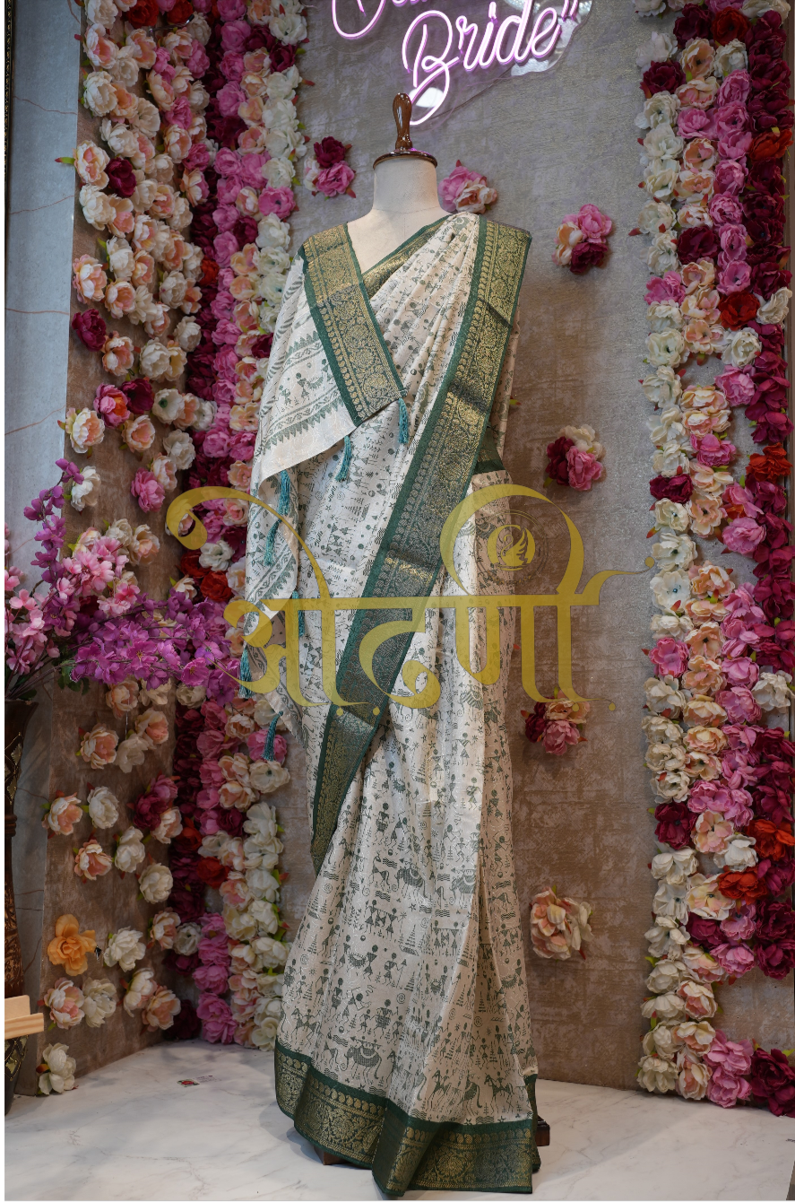 Stylish Warli Print Office Wear Saree on Mix Cotton with Banarasi Weaving Border ##SR0146