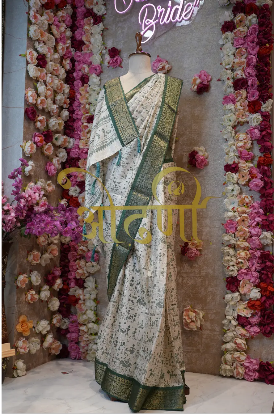 Stylish Warli Print Office Saree on Mix Cotton with Banarasi Border