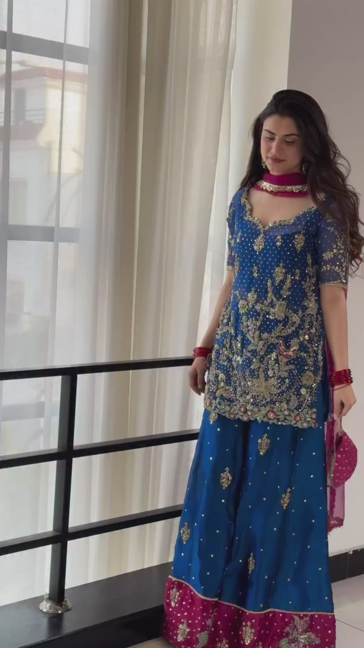 Elegant Party Wear Georgette Kurti Palazzo Set with Zari Work