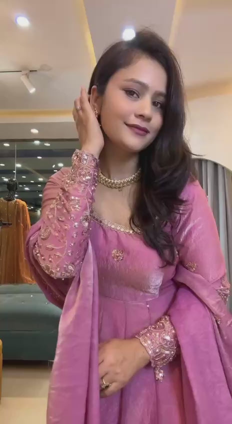 Designer Party Wear Fendy Silk Gown with Pant & Embroidered Dupatta