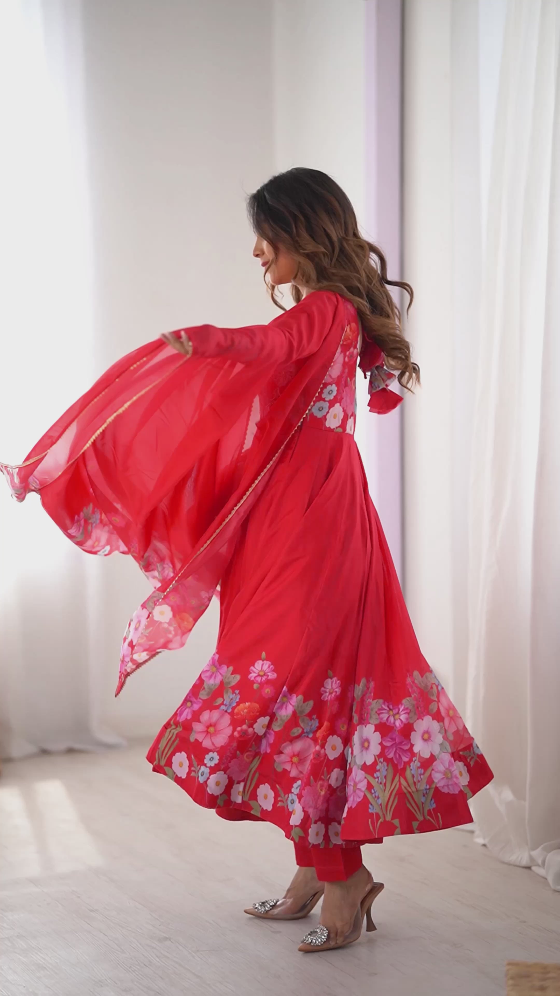 Pure Organza Silk Printed Anarkali Set with Badla Jari Handwork & Gota Patti Dupatta