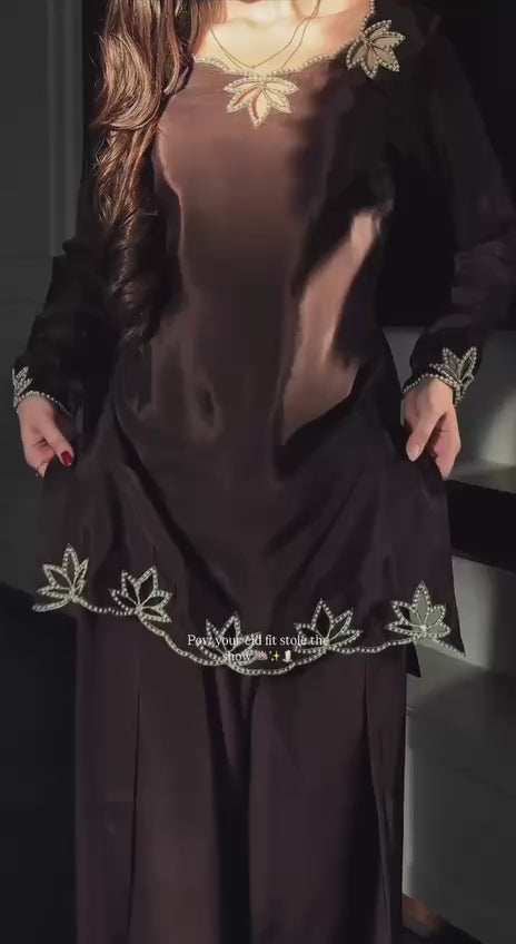 Wedding Wear Heavy Crepe Farsi Salwar Suit Set with Pearl Moti Work