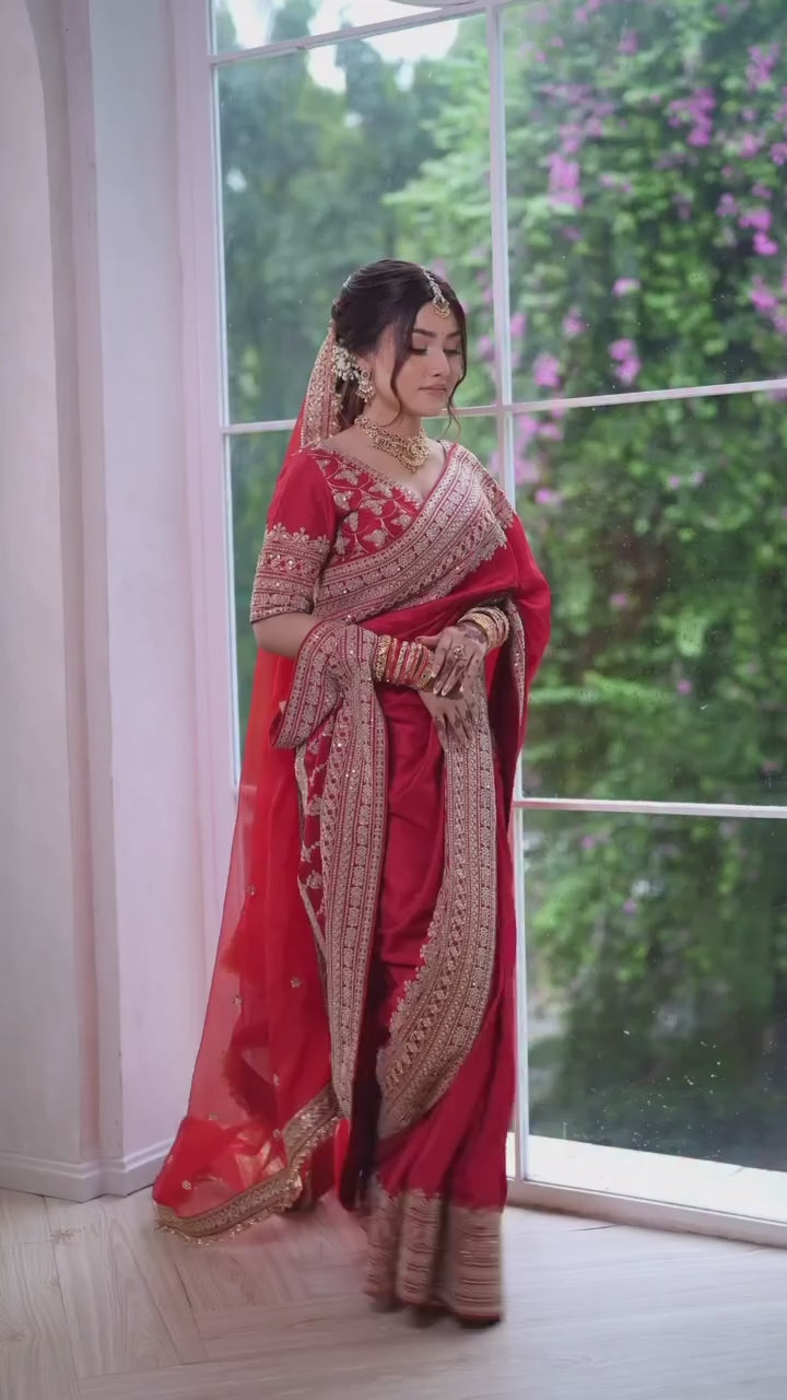 Premium Japan Satin Thread Coding Sequins Saree with Designer Dupatta