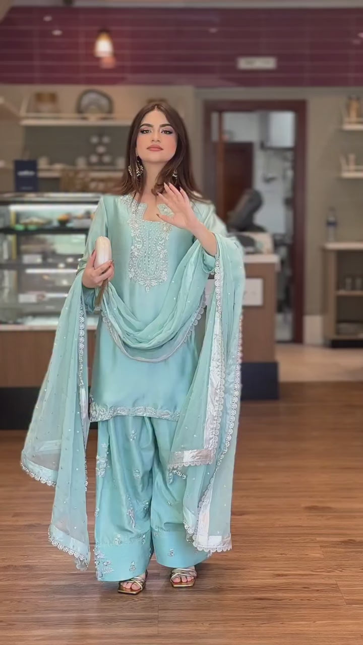 Women's Roman Glass Silk Kurta Farshi Palazzo Set with Organza Dupatta