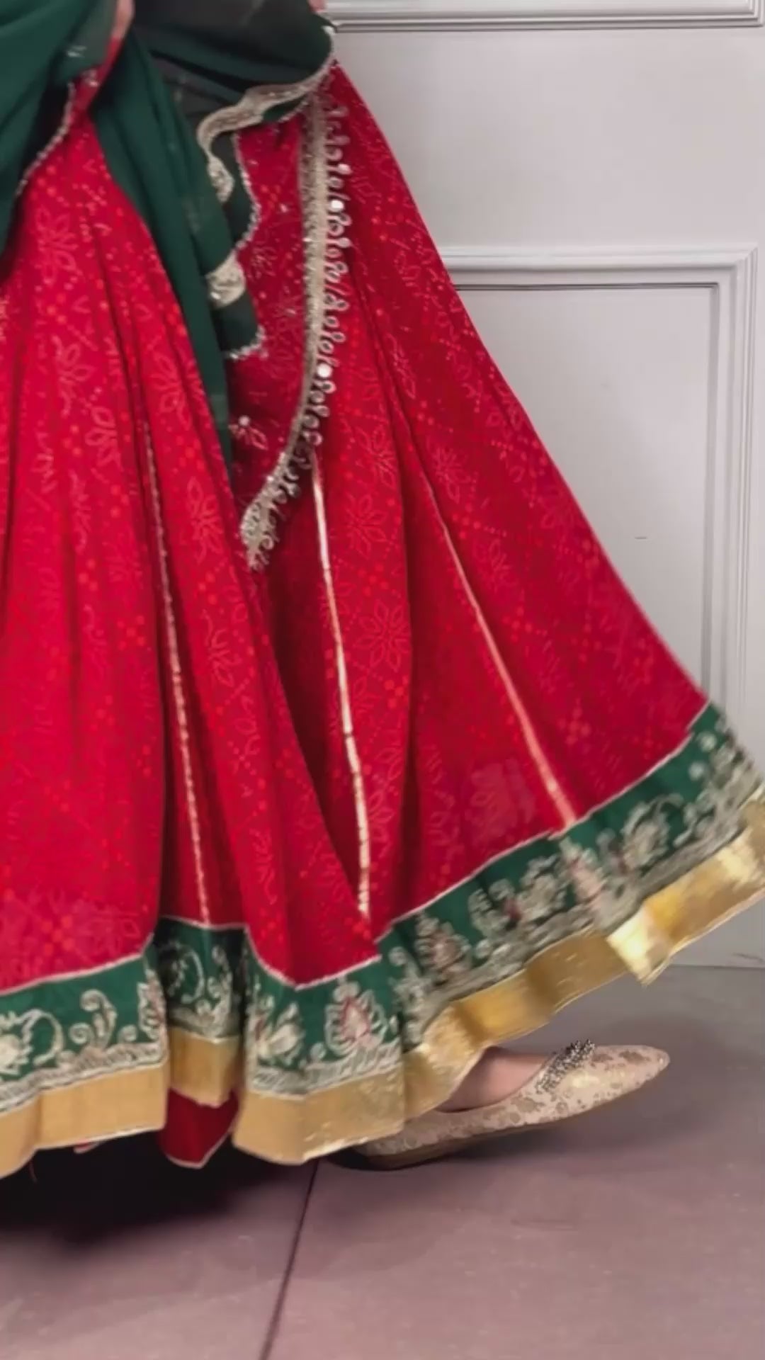 Traditional Bandhej Foil Print Lehenga Choli with Vintage Lace Detailing