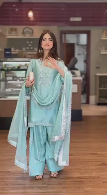 Premium Roman Glass Silk Embroidered Top with Farshi Palazzo & Organza Dupatta Set