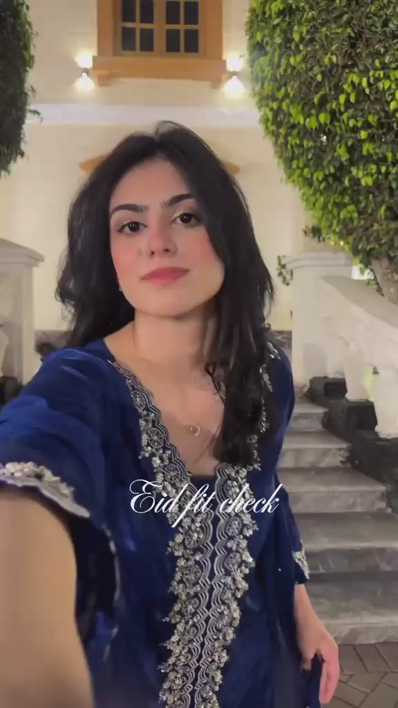 Premium MOS Satin Kurti Palazzo Set with Sequence & Zari Embroidery