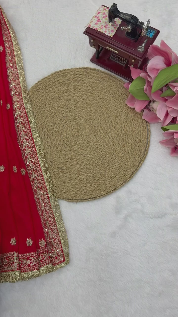 Premium Japan Satin Thread Coding Sequins Saree with Designer Dupatta