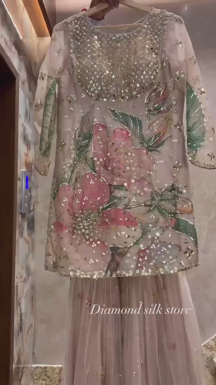 Printed Organza Sequins Embroidered Sharara Suit for Women
