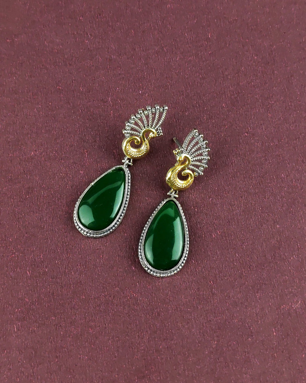 PEACOCK DESIGN GREEN STONE BRASS EARRING - ANTIQUE FINISH  ##AS001