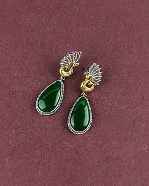 PEACOCK DESIGN GREEN STONE BRASS EARRING - ANTIQUE FINISH  ##AS001